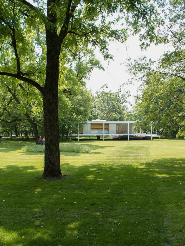 Farnsworth House in the background by Mies van der Rohe