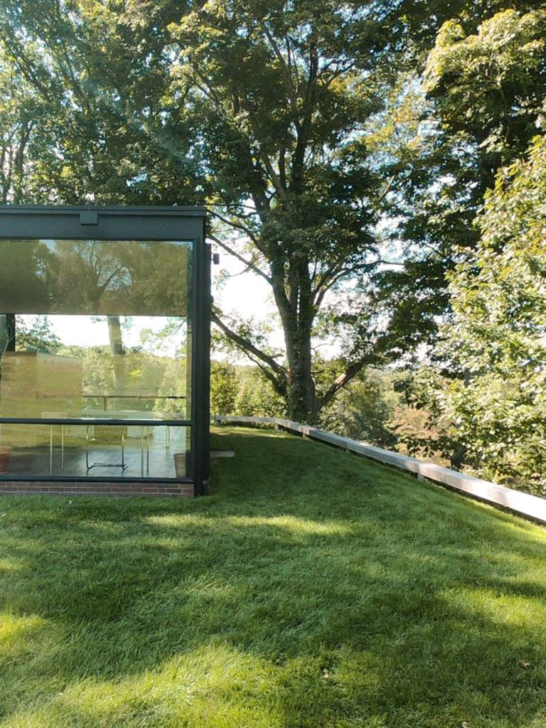 Part of glass facade of the Glass House by Philip Johnson in New Canaan